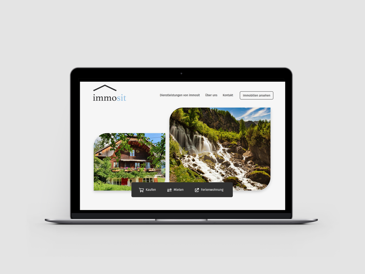 Webseite Vorschau Immosit mit Bild Chalet und Wasserfall
