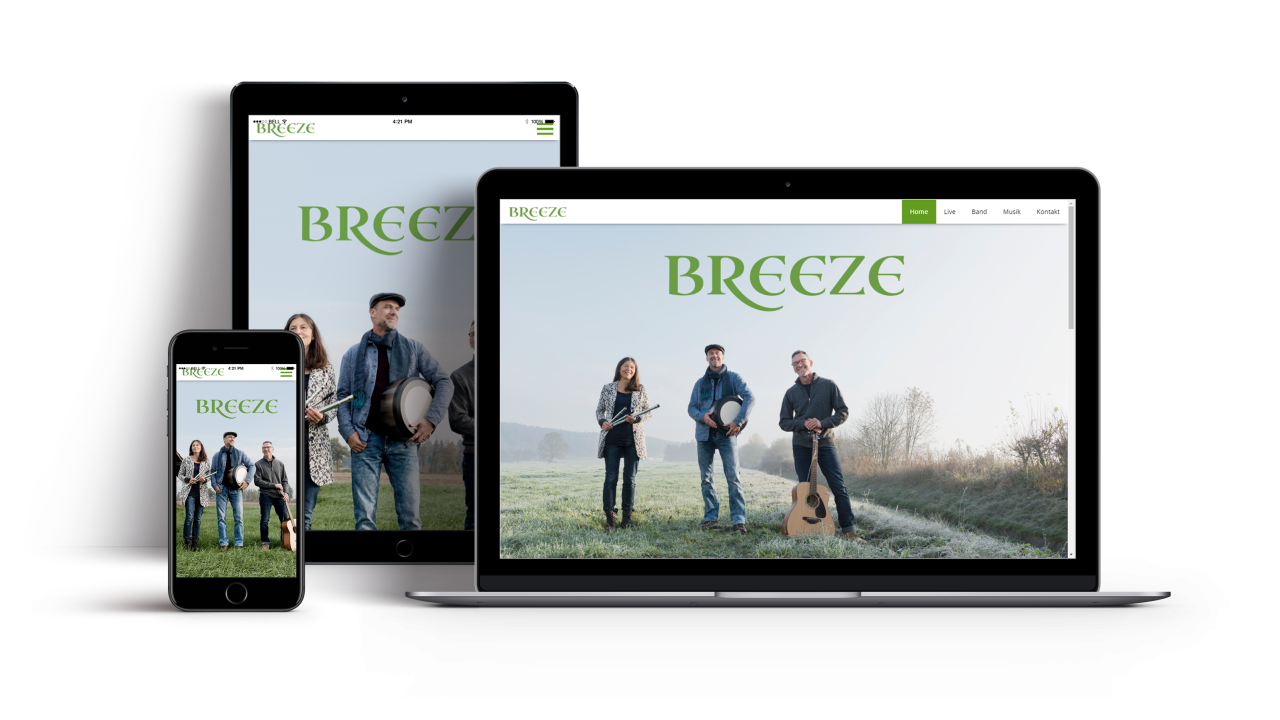 Irish Breeze Showcase Mockup Webseite Irish Breeze Ansicht Startseite der Irish Folk Band auf Ipad Iphone und Laptop