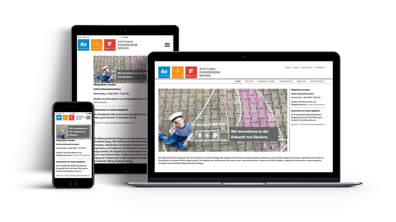Stiftung Kinderheim Brugg Webseite Vorschau auf Laptop Ipad und Iphone