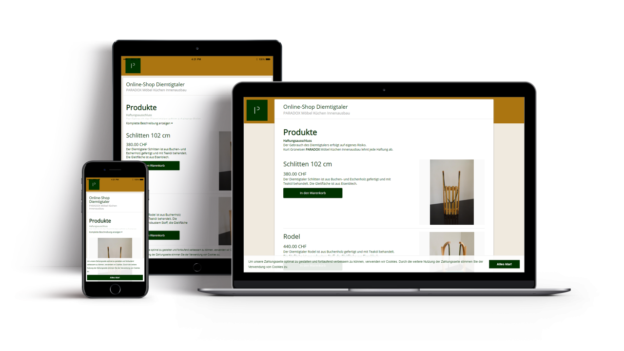 Diemtigtaler Shop Showcase Mockup Webseite Diemtigtaler Shop Vorschau auf Laptop Ipad Iphone