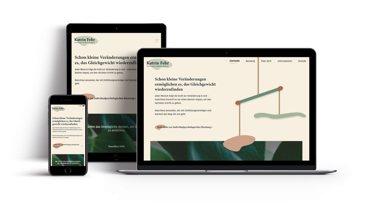 Katrin Fehr Beratung showcase Ansicht Startseite auf Laptop Handy und Ipad