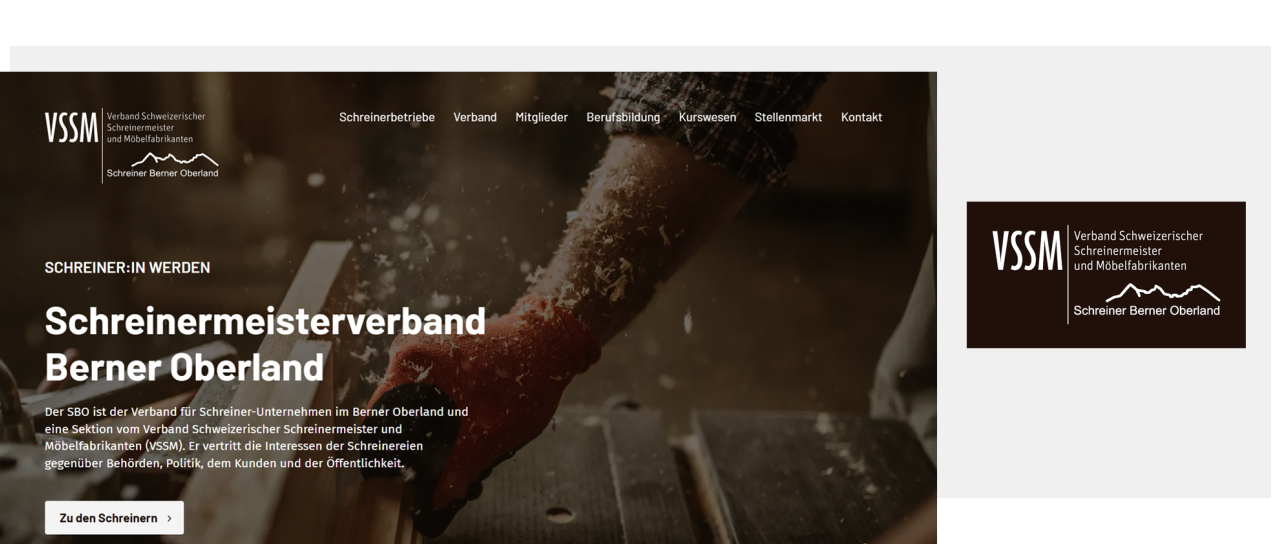 Startseite Webseite Schreinermeisterverband Berner Oberland mit Logo und Willkommenstext