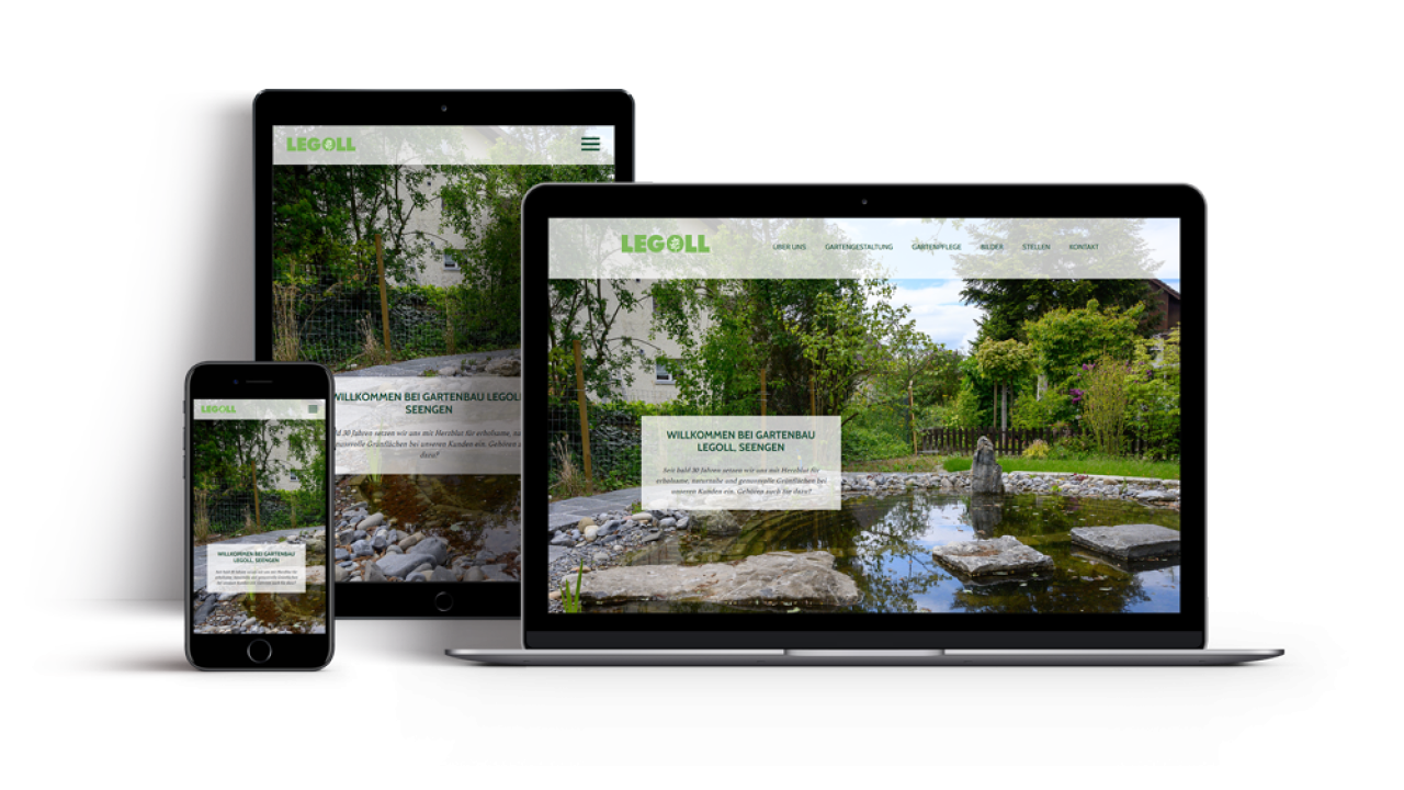 Webseite Legoll Showcase Ansicht Startseite auf Handy Ipad und Laptop grüne Gartenlandschaft mit Teich und Steinen