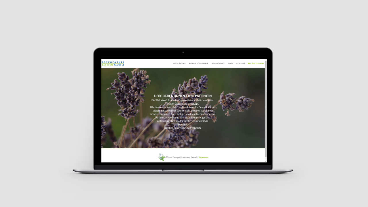 Vorschau Webseite Osteopathie Vanneste auf Laptop 